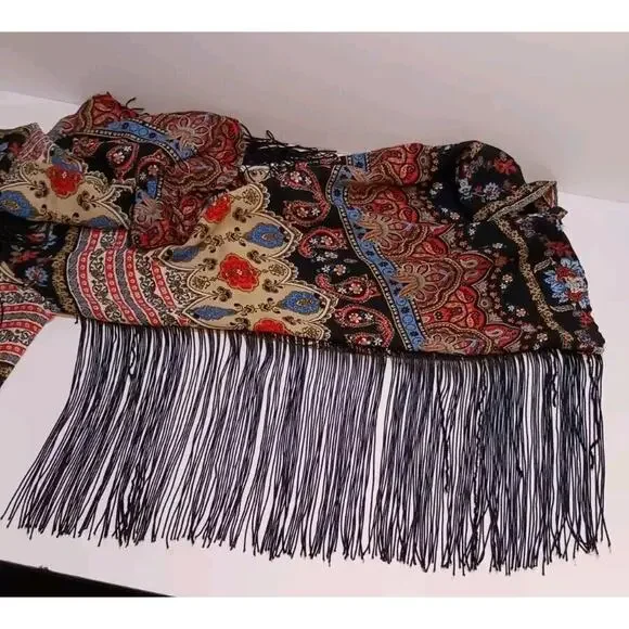 See You Monday Womens Medium Paisley Long Sleeve Black Fringed Cropped Top Boho - Picture 9 of 10